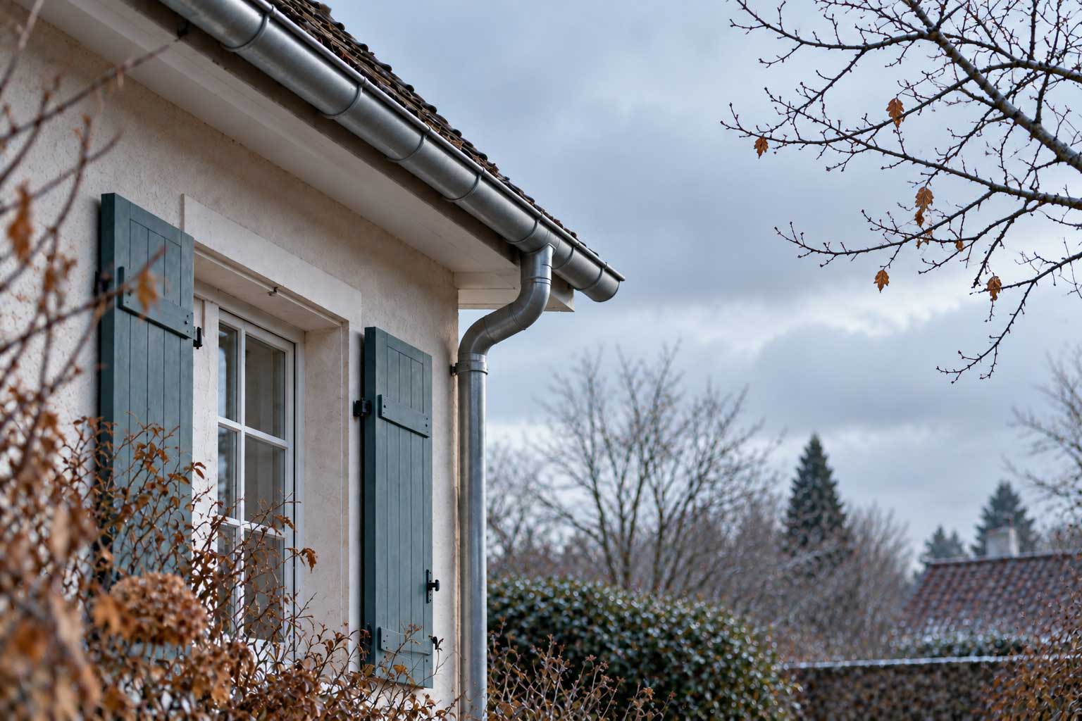 Maison en décembre, arbres nus sous un ciel gris