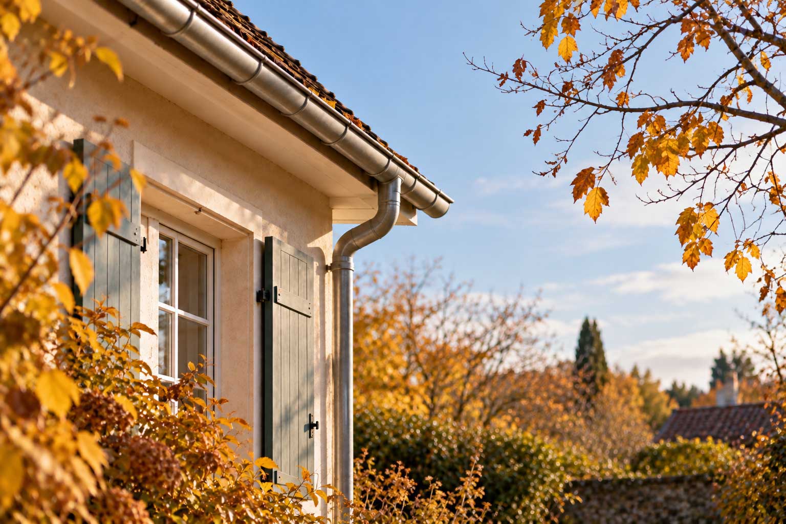 Maison en novembre, feuilles d'automne orangées