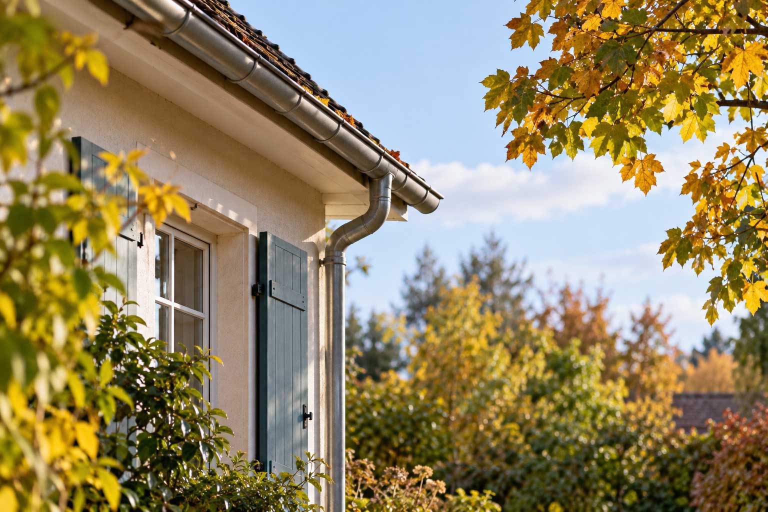 Maison en octobre, arbres encore verts